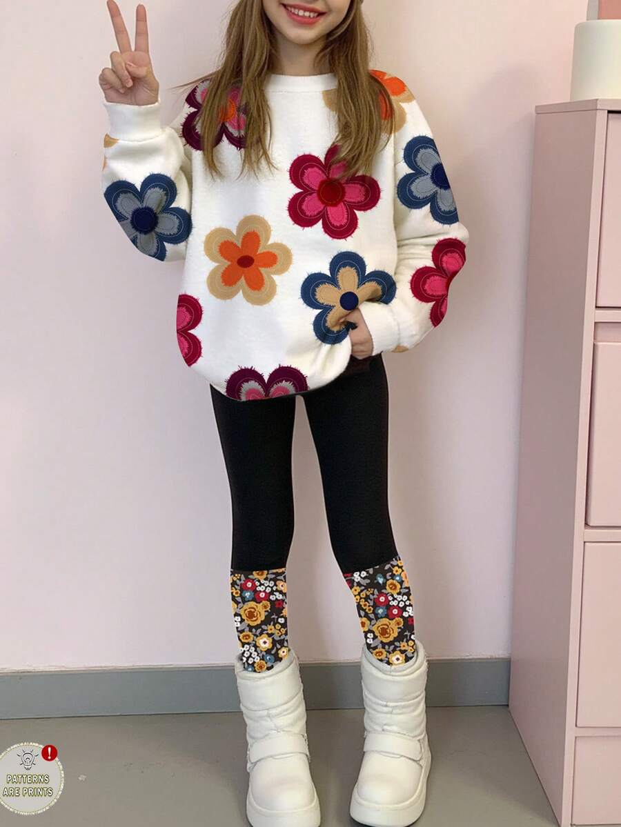 Bộ 2 áo nỉ cổ tròn tay dài mềm mại họa tiết hoa dễ thương cho bé gái tuổi teen và quần bó, phù hợp cho mùa thu/đông - Nhiều màu - Xem 1