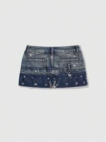 ROMWE EDITION Punk Metal Grommet Design Low Waist Mini Denim Skirt