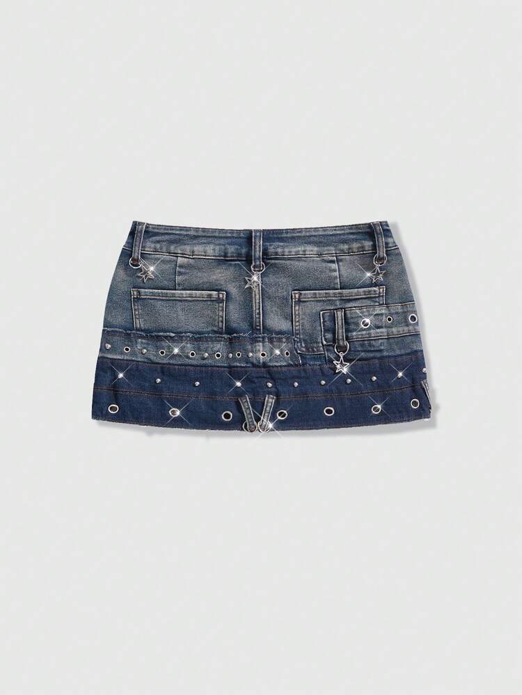 ROMWE EDITION 朋克金属索环设计低腰迷你牛仔裙 - 藍色 - 查看 9