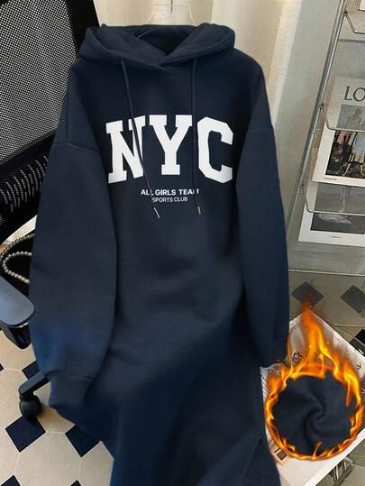 EMERY ROSE 女式加大码曲线羊毛连帽连衣裙，配有抽绳和纽约 NYC 字母印花，长袖运动衫图案套装