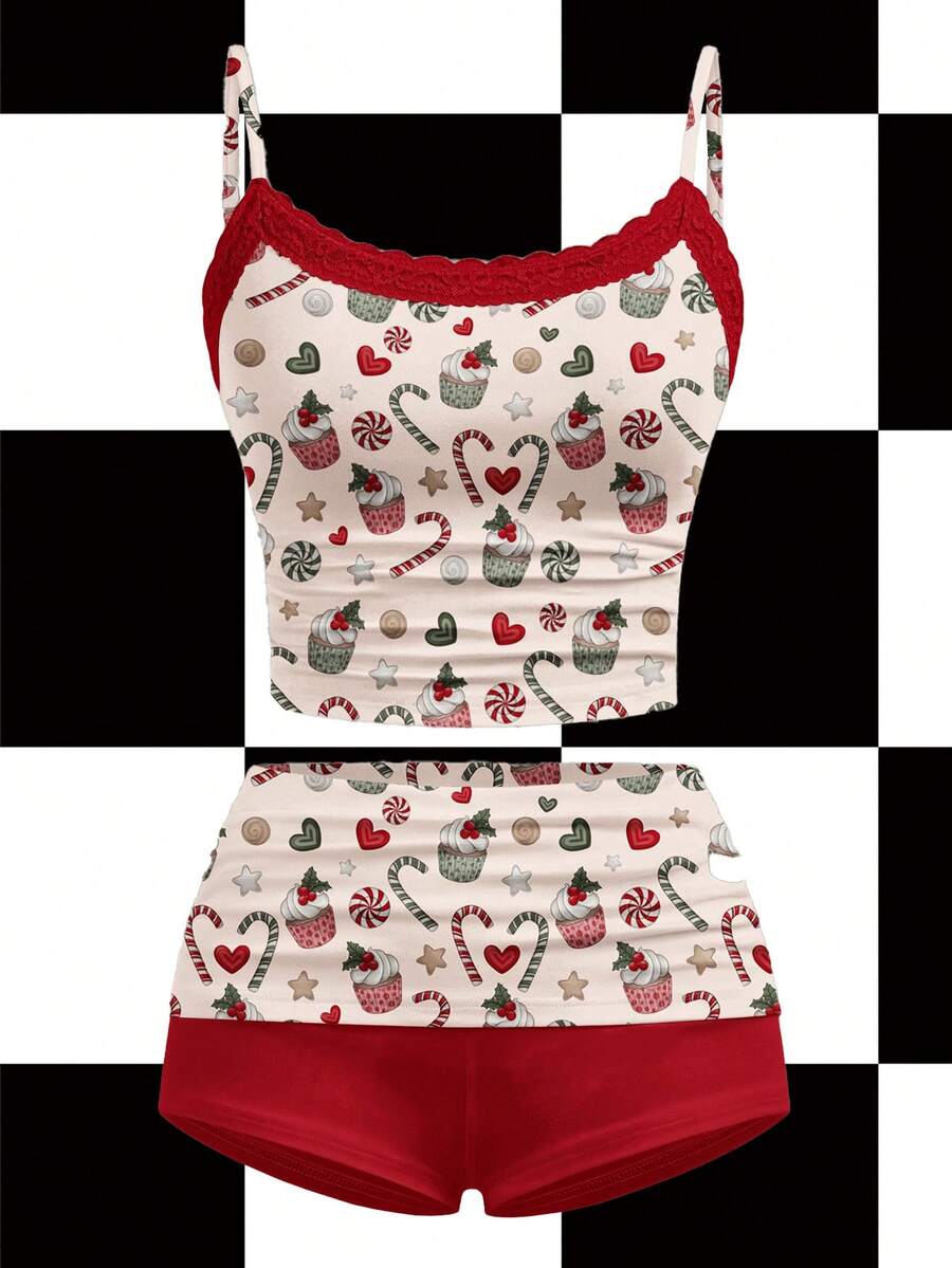 Y2Kool Amafemora 裸色与红色撞色圣诞星、爱心、纸杯蛋糕、拐杖糖、饼干印花Y2K街头风两件套蕾丝拼接套装，适合秋冬季、居家聚会、节日、圣诞节、日常穿着。可爱两件套，樱桃图案女装，可爱套装，女士可爱两件套。 - 彩色 - 查看 1