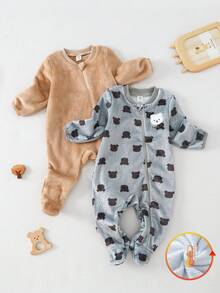 2pcs Baby Boys Khaki & Gray Bear Embroidery Design Casual Plush Thickened Long Sleeve Romper Pajamas, Suitable For Autumn/Winter Sleeping Wear Baby Baby Bear Clothes Woodland Baby Clothes Super Soft Baby Clothes Neutral Baby Clothes Unisex - Multicolor - View 6