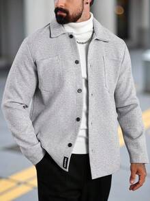 Manfinity CasualCool Jaket Kasual Pria Lengan Panjang Kancing Tunggal Warna Polos dengan Saku, Musim Gugur/Dingin - Light Grey - View 6