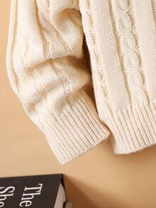 SHEIN 1 件男童复古风格开衫，复古绞花针织，双排扣，经典条纹 V 领，常规袖，整齐下摆，浅灰色经典针织毛衣，百搭休闲夹克，做工精良，适合春秋季 - 杏色 - 查看 3