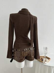 Elamini 棕色针织羊毛罗纹面料两件套，带围巾的开衫，前襟纽扣，翻领，长喇叭袖，开衩下摆，女士修身衬衫，秋冬，时尚，通勤、办公室、教师、学校、优雅、浪漫、休闲日常穿着 - 棕色 - 查看 2