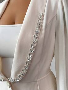 Rafferiza 女士优雅水钻装饰雪纺拼布披肩领单排扣长袖西装外套 - 杏色 - 查看 7