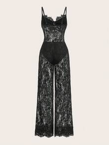 SHEIN PETITE 纯黑色性感透明蕾丝连体裤，优雅女士内衣，日常约会装，外出装，派对装，不对称阔腿连体裤，情人节连体裤，休闲连体裤，优雅连体裤 - 黑色 - 查看 3