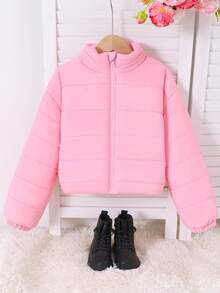 Tween Girls' Pink Short Padded Coat, Stand Collar Zipper Design, Minimalist Outerwear, Diamond Quilted Stitching Snug Fit Effect, Ribbed Cuffs And Hem, Thermal Lined, Fluffy Silhouette, Cute & Age-Reducing, Sweet & Practical Style, Suitable For Daily Outings, School, Children's Winter Clothing, Cardigan, Tween Girls' American Retro Chic Short Padded Coat - Pink - View 5
