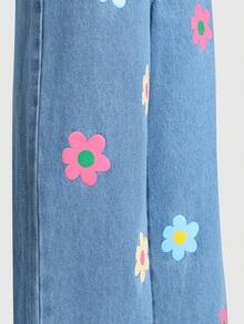 SHEIN Explorewe 青少年女孩牛仔裤，2025 年秋冬新品，两件套，花卉印花设计，舒适贴身，百搭直筒宽松休闲阔腿牛仔裤，适合外出、上学、通勤、派对、圣诞节，完美之选 - 彩色 - 查看 2