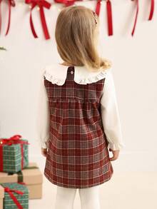 SHEIN Váy thu cho trẻ sơ sinh và bé gái, 6 tháng - 3 tuổi, họa tiết kẻ caro đỏ thời trang phong cách trường học có nơ 3D, cổ nhún bèo, tay bồng, thoải mái và mềm mại, thích hợp mặc vào mùa xuân, mùa thu, mùa đông, mặc thường ngày, làm quà tặng - Màu Đỏ Sâu - Xem 2