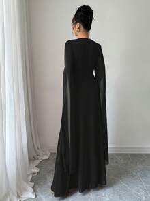 Rafferiza Đầm maxi màu đỏ cổ chữ V ren vàng bồng bềnh, tay dài, dáng chữ A, thiết kế thanh lịch, sang trọng, dành cho nữ, mùa xuân/hè - màu đen - Xem 2
