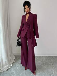Siren Gaze 三件套时尚商务双排扣西装外套和裤子套装，女士西装裤套装，适合婚礼等正式场合，两件套女士裤装，圣诞红色女士浆果色三件套套装，休闲女装，适合通勤、复古和正式场合，例如商务休闲、工作和教学。 - 酒紅色 - 查看 2