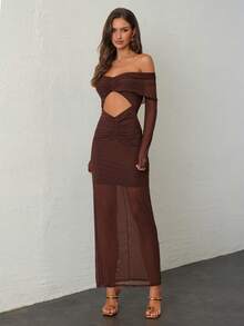 Aloruh 1 pieza Vestido marrón para mujer con hombros descubiertos, calado y fruncido - Café - Ver 7
