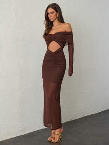 Aloruh 1 pieza Vestido marrón para mujer con hombros descubiertos, calado y fruncido - Café - Ver 4