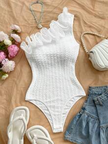 Soleia Body con un hombro con volantes exagerados para mujer, adecuado para fiestas, vacaciones, citas, tardes de té, vacaciones, festivales de música, playa, atuendo de verano, estilo bohemio, vacaciones, ganchillo, lino - Blanco - Ver 3