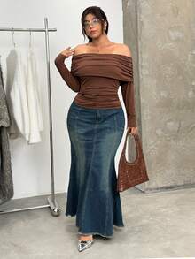 GalTyme Plus Size Solid Color Off-Shoulder Fitted Elegant Long Sleeve T-Shirt, Brown Top Women Brown Long Sleeve Top Chocolate Brown Top Brown Off Shoulder Top,Fall /Autumn/Winter,Christmas,New Year,Thanksgiving,Party,Wedding,Beach,Elegant,Casual,Going Out,Date,Appointment,Commute