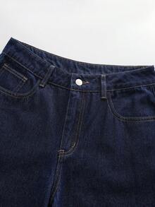 Elamini 女式休闲通勤水洗荷叶边阔腿牛仔裤 - 深色水洗藍 - 查看 4