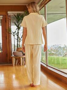 格子印花睡衣套装女式短袖上衣和松紧腰裤，休闲套装 - 黃色 - 查看 2