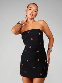 MISSGUIDED Strapless Bandeau Mini Dress With Red Crystal Embellished Button Details Bodycon Party Evening - Black - View 3