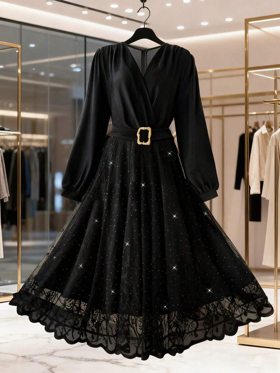 Franclia Váy dài tay ren màu vàng bạc thanh lịch, thường ngày, trang nhã, cỡ lớn dành cho nữ, mặc dự tiệc - màu đen - Xem 1