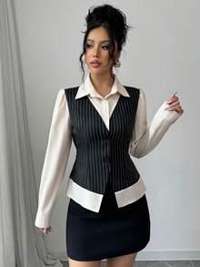 Selianne Áo sơ mi nữ dài tay 2 trong 1 sọc trơn màu giản dị - màu đen - Xem 4