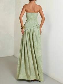 SHEIN BAE 鼠尾草绿、开心果绿、浅绿色纹理提花高开衩连衣裙、优雅长裙、早午餐裙、婚礼宾客服装、鸡尾酒会礼服 - 綠色 - 查看 2