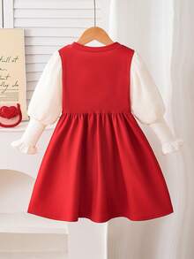 Young Girls' Patchwork Puff Sleeve Dress With 3D Bow Cuff Ruffle Trim, Suitable For Vintage Elegant Daily Wear - Multicolor - View 2