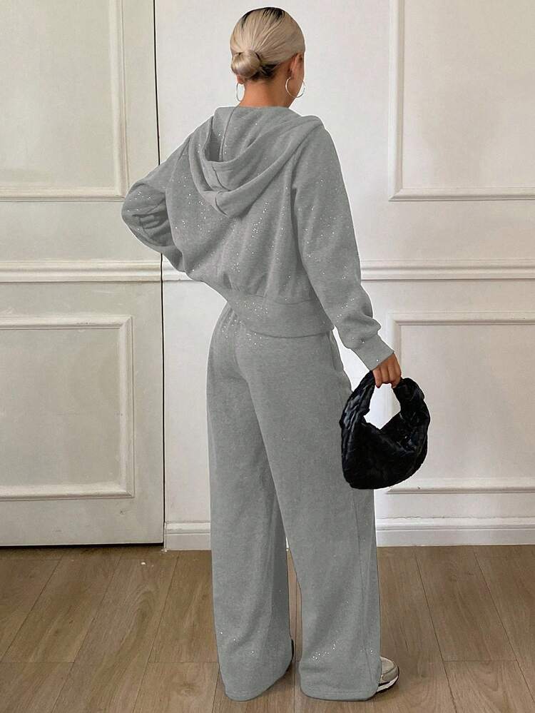 Women's Casual Sequin Hooded Sweatshirt And Wide Leg Pants 2 Pieces Set, Autumn Lounge Sets For Women