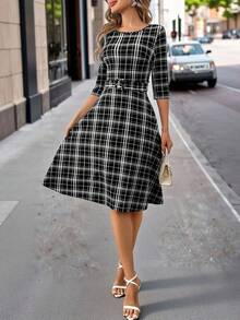 SHEIN Clasi Rochie de damă cu curea în carouri - Alb-negru - Vizualizare 12