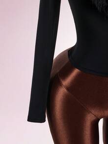 Amplova 女式毛领拼布紧身长袖T恤 - 黑色 - 查看 6