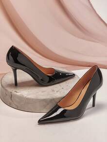 SHUZIA Tacones de aguja de patente PU artificial de punta minimalista para mujer - Negro - Ver 5