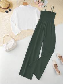 Franclia 2件套女士休闲白衬衫和黑色连体裤套装 - 墨綠色 - 查看 2