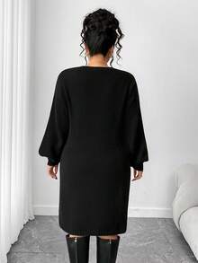 Elenzga Plus Size Casual Pearl Button Sweater Dress - Black - View 2