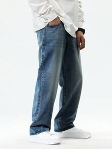 Manfinity Hypemode 寬鬆版型男士直筒牛仔褲 - 中等水洗藍 - 查看 3