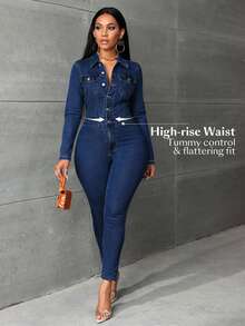 SHEIN PETITE 女式短袖纽扣半开襟喇叭休闲牛仔连体裤 - 藍色 - 查看 4