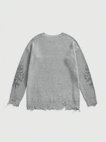 ROMWE Grunge Punk Áo len cổ tim Dark Thorn cỡ lớn cho nữ, áo chui đầu dệt kim phong cách Subculture cổ điển rộng rãi, mùa thu - Xám - Xem 2