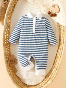SHEIN Mono de manga larga con cuello a rayas para bebé recién nacida, conjunto de verano ligero y cómodo