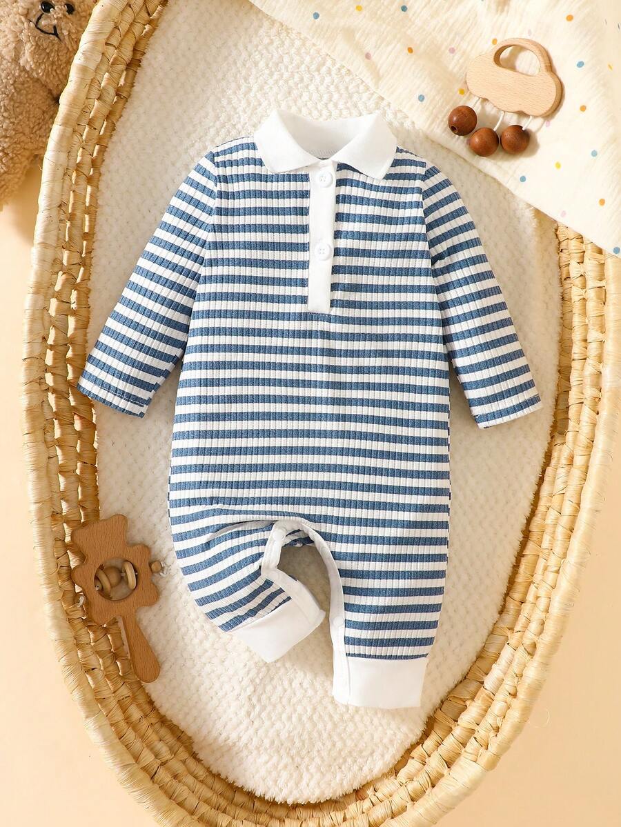 SHEIN Mono de manga larga con cuello a rayas para bebé recién nacida, conjunto de verano ligero y cómodo