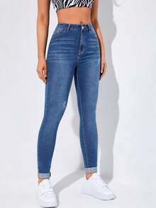 Flexra Spring High Waist Ripped Slant Pocket Skinny Jeans