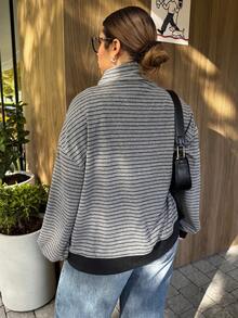 Dazy Plus Plus Size Women Casual Striped Loose Contrast Color Splice Hem Half-Open Collar Long Sleeve T-Shirt, Spring/Autumn - Grey - View 2