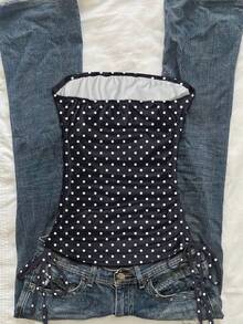 SHEIN EZwear Women's Casual Drawstring Tie-Front Cropped Tube Top - Blue and White - View 2