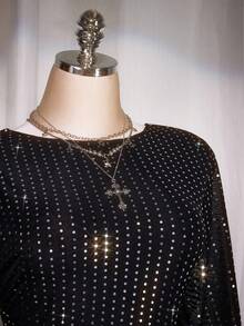 SHEIN ICON Paillettenkleid mit drapiertem Ausschnitt, rückenfreiem Design und Glockenärmeln, A-Linie, Partykleid, elegantes Abendkleid, geeignet für Weihnachten, Halloween - Schwarz - Übersicht 9