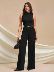 SHEIN Tall Bộ đồ liền thân không tay nhún bèo thanh lịch, màu đen trơn, gợi cảm và duyên dáng, thích hợp mặc hàng ngày, hẹn hò, đi chơi, tiệc tùng, trang phục đi chơi, bộ đồ liền thân ống rộng bất đối xứng, thích hợp mặc ngày lễ tình nhân, mặc hàng ngày, cỡ cao, dài hơn - màu đen - Xem 6