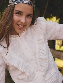 Teen GirlCasual Cute White Lace Versatile Long Sleeve Blouse, Autumn/Winter