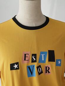 ESTAVOR 男士休闲时尚街头字母印花短袖 T 恤，夏季 - 黃色 - 查看 5
