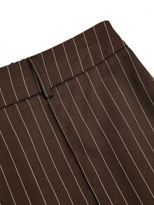 SHEIN Sweetro 复古美式条纹宽松女士西装裤 - 咖啡棕 - 查看 5