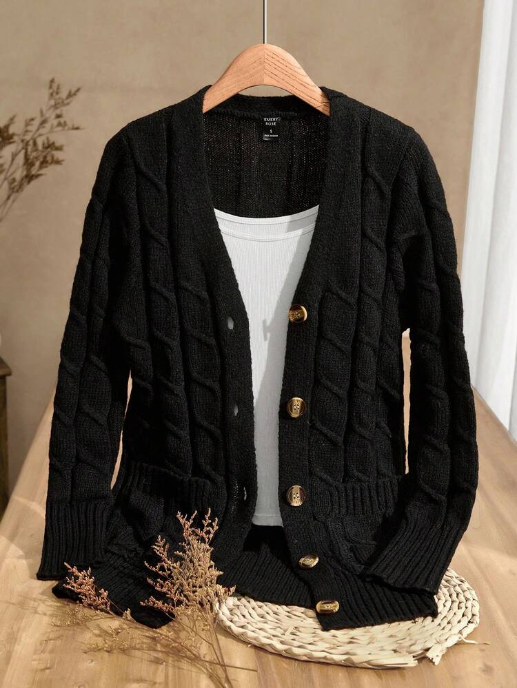 ケーブルニット 2つポケット ボタン前開き カーディガン、長袖トップス