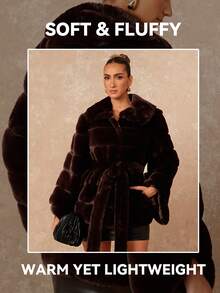 Lumalex حزام خصر كبير مزخرف بخطوط من فرو الأرنب الاصطناعي، معطف فرو اصطناعي مشدود الخصر للنساء