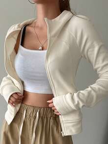 DAZY Women Solid Color Hoodie Jacket With Pockets, Long Sleeve,Long Sleeve Tops,Fall Clothes Sweatshirt Jacket Zip Up - White - View 6