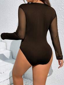 SHEIN LUNE 大码纯色简约镂空长袖紧身衣 - 棕色 - 查看 2